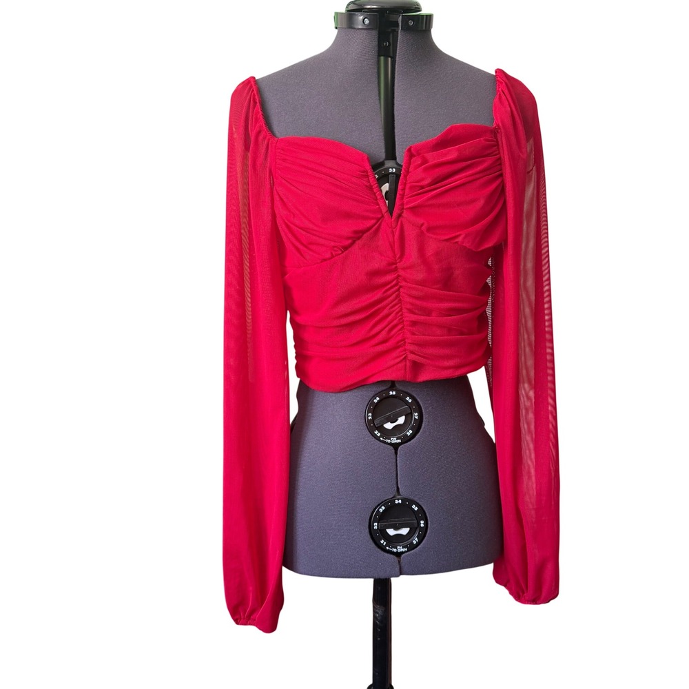 Crystal Sky Red Mesh Ruched Long Sleeve Crop Top Smocked Back T027119846T Size M